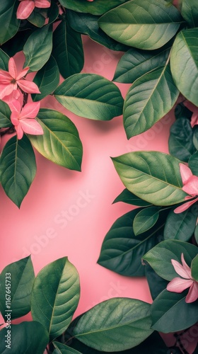 Vibrant green leaves against a pink backdrop create a striking visual contras...