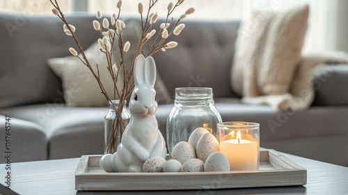 Decorative spring arrangement with a bunny figurine and pastel eggs on a wood...