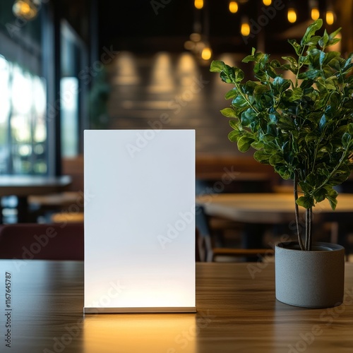 Cozy indoor space with a decorative lamp and green plant on a wooden table du...