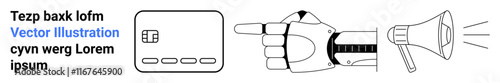 Finger pointing at a credit card, loudspeaker amplifying sound, and placeholder text. Ideal for digital marketing, e-commerce, announcements, promotions, communication strategies, financial services