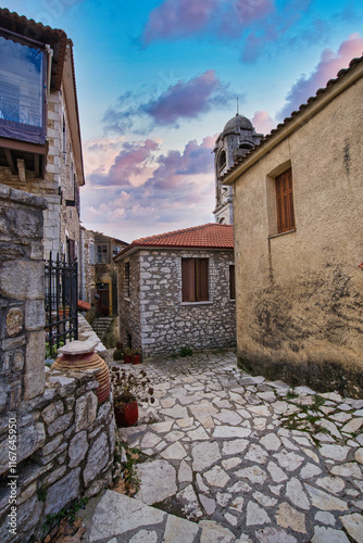 Narrow Stone Alleyway in Dimitsana Village, Arkadia, Greece..