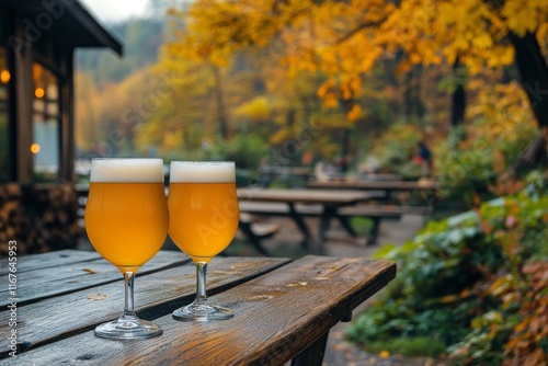 Two glasses of beer on a wooden table in a cozy bar setting
