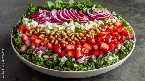 Fresh strawberry salad with greens, nuts, and cheese served in a large bowl