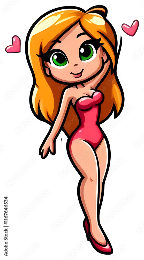 Cute cartoon pin up girl posing with hearts Cute cartoon pin up girl posing with hearts