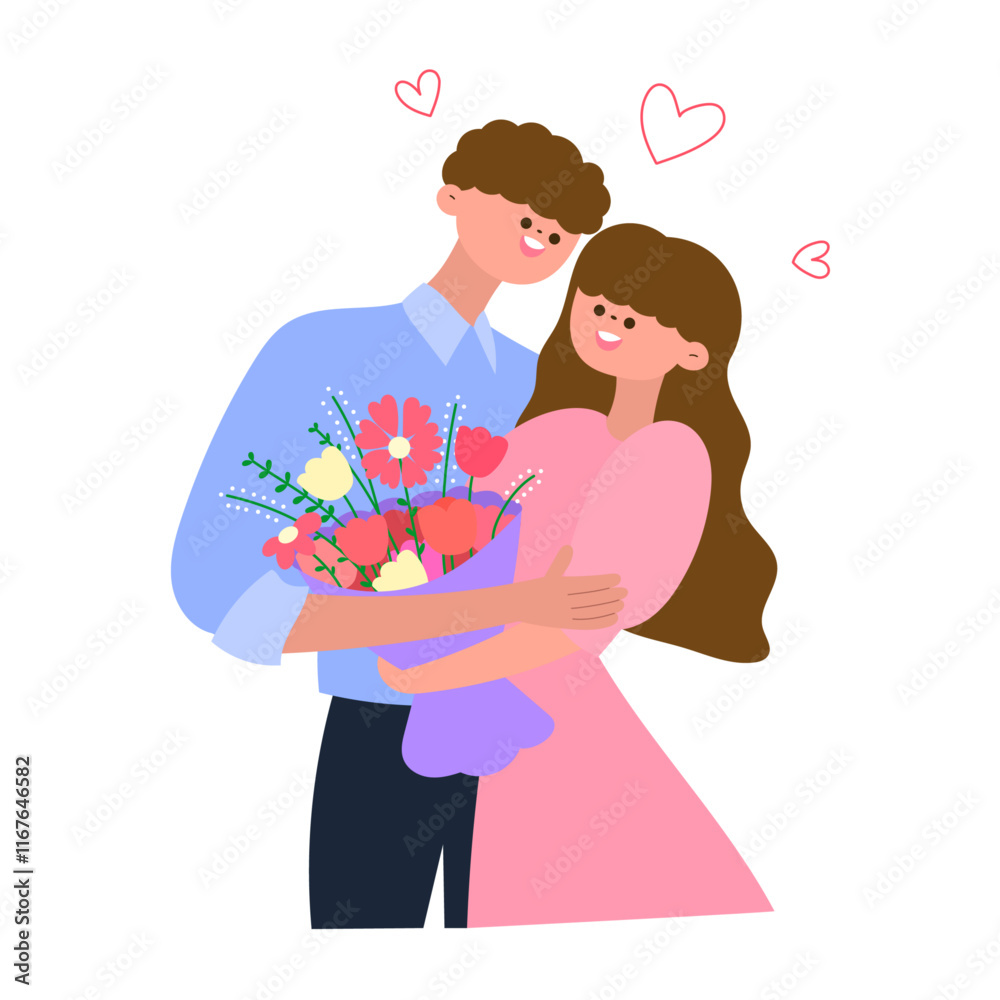 romantic couple hugging with bouquet of flowers and hearts symbolizing love and affection flat vector illustration romantic couple hugging with bouquet of flowers and hearts symbolizing love and affection flat vector illustration
