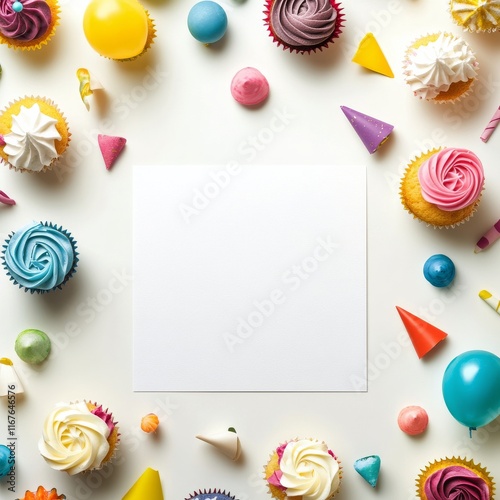 Colorful cupcake display with assorted sweets and a blank space for celebrati...