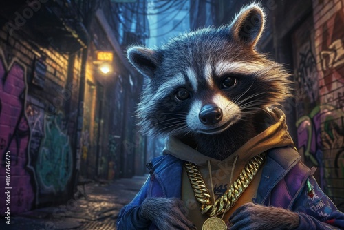 A stylish raccoon wearing a hoodie and gold chain stands in a graffiti-decorated urban alley at night. Represents urban culture, creativity, and anthropomorphic fantasy. photo