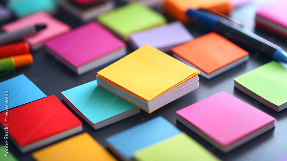 Flat lay of stationery and colorful sticky notes on a clean desk, copy space Flat lay of stationery and colorful sticky notes on a clean desk, copy space