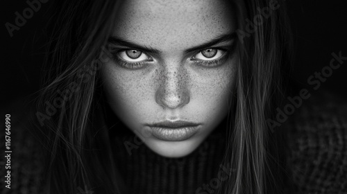 A black-and-white portrait of a young woman with piercing eyes and freckles, staring intensely at the camera. Captures themes of strength, intensity, and raw emotion.