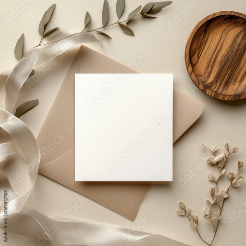 Elegant stationery arrangement with envelope and decorative elements on neutr...
