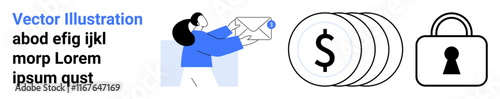 Woman in blue receiving an envelope, stack of coins with dollar signs, and a lock icon. Ideal for finance, security, communication, email, digital transactions privacy online services. Landing page