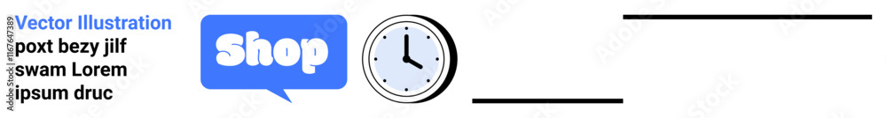 Blue speech bubble with Shop text, clock icon, and placeholder text on the left. Ideal for retail, e-commerce, business, time management, marketing. Banner for landing page Blue speech bubble with Shop text, clock icon, and placeholder text on the left. Ideal for retail, e-commerce, business, time management, marketing. Banner for landing page