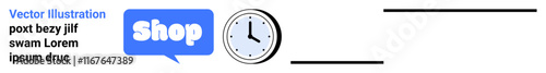 Blue speech bubble with Shop text, clock icon, and placeholder text on the left. Ideal for retail, e-commerce, business, time management, marketing. Banner for landing page