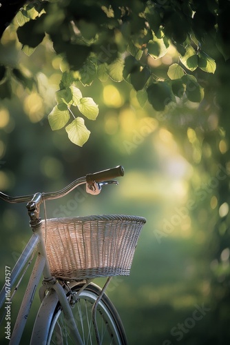 Bicycle with wicker basket near lush greenery on a serene pathway during gold...