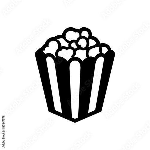 Popcorn icon. Cinema snack symbol. Popcorn bucket vector illustration. Movie snack sign. Crunch sticks pictogram. Striped popcorn pack isolated concept.