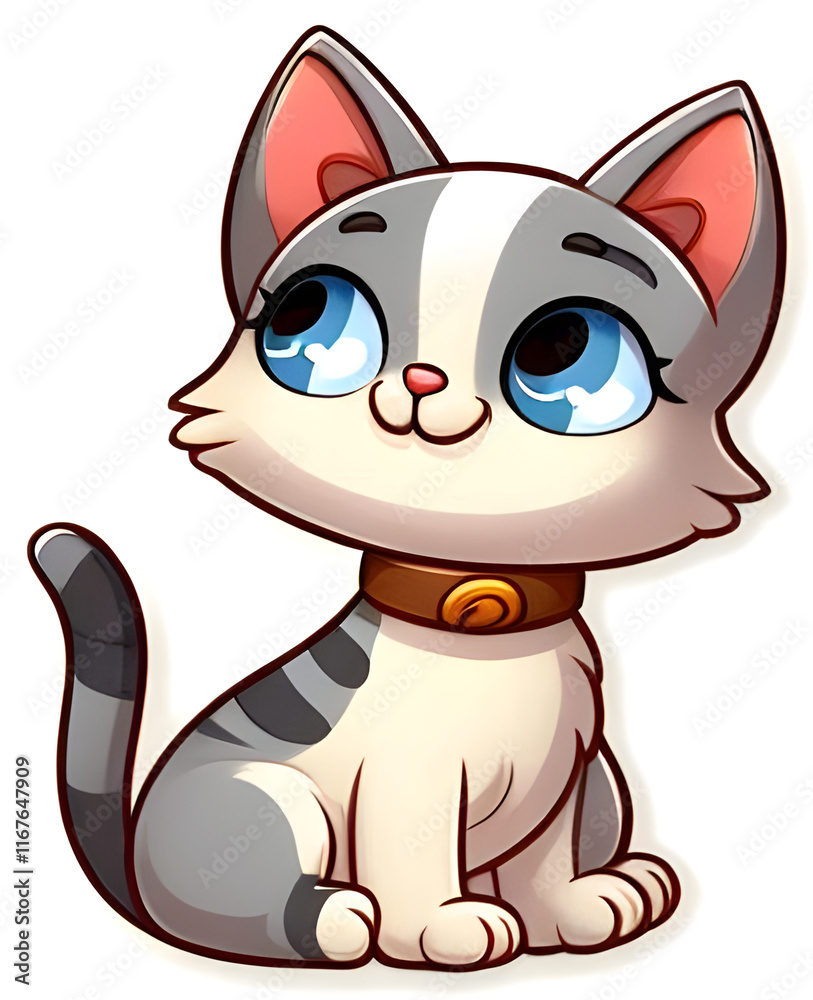 Fototapeta premium Cute grey tabby cat sitting wearing a collar looking up