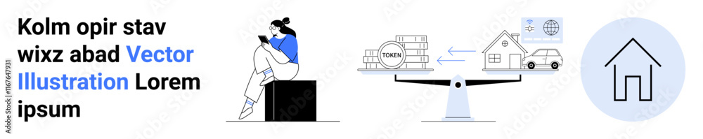 Person using mobile device, digital logistics with packages and delivery truck, real estate weighing, and simple home icon. Ideal for technology, communication, logistics, real estate, e-commerce Person using mobile device, digital logistics with packages and delivery truck, real estate weighing, and simple home icon. Ideal for technology, communication, logistics, real estate, e-commerce