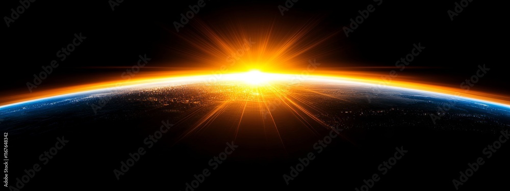 Fototapeta premium Earth Emerging from Space: Sunrise Glow, Light and Shadow Contrast, Symbol of Hope and Interconnection