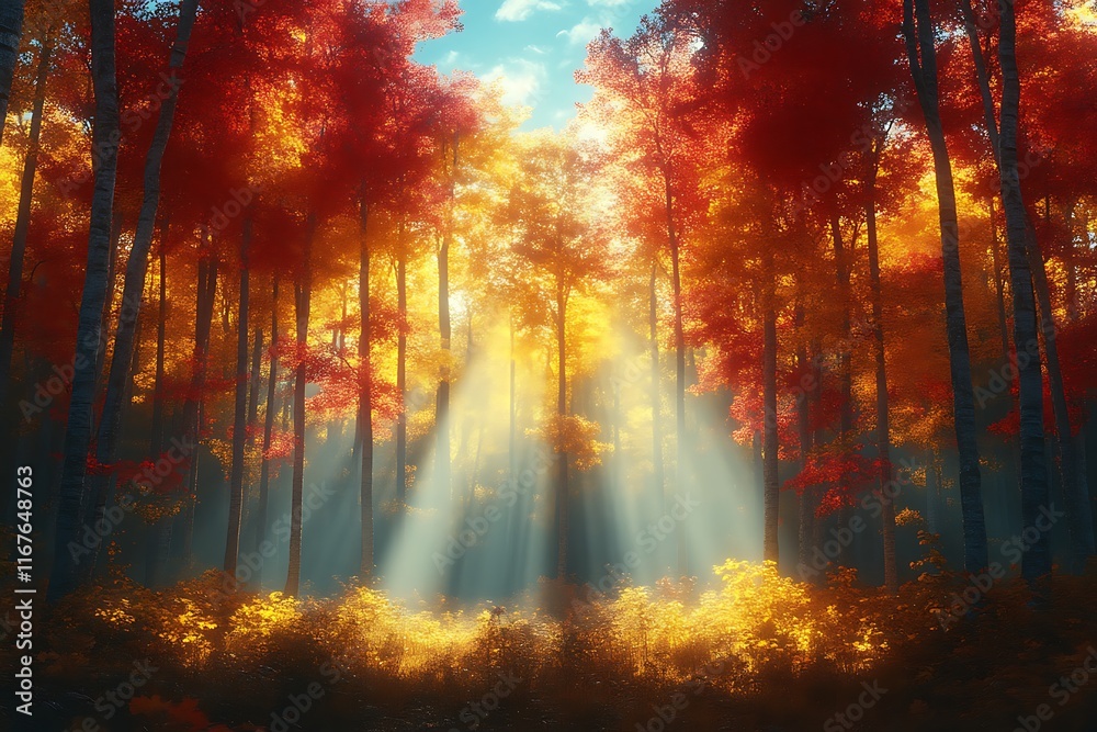 Sunbeams illuminate vibrant autumn forest. Sunbeams illuminate vibrant autumn forest.