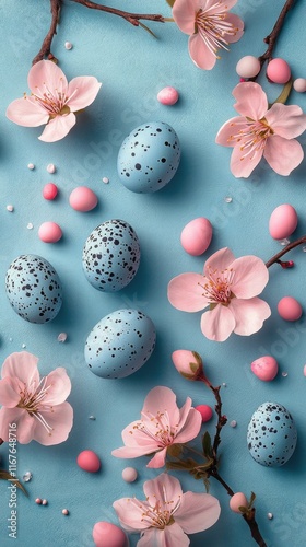 Spring celebration with colorful eggs and blooming flowers on a blue background