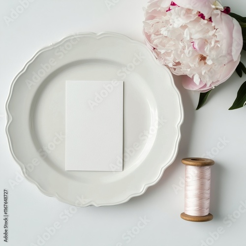 Crafting ideas with blank card, fresh peony flower, and spool of thread on wh...
