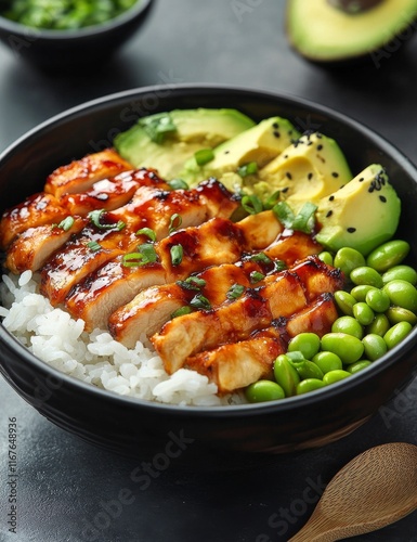 Delicious chicken bowl with rice, avocado, and green peas served on a dark table