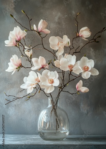 Beautiful pink magnolia flowers arranged in a vintage glass vase on a neutral...