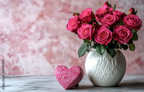 Beautiful pink roses in a white vase next to a wrapped gift on a soft pink ba...