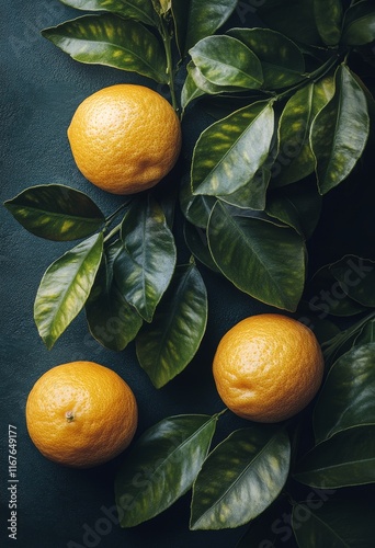 Fresh oranges and green leaves arranged on dark surface for a vibrant natural...