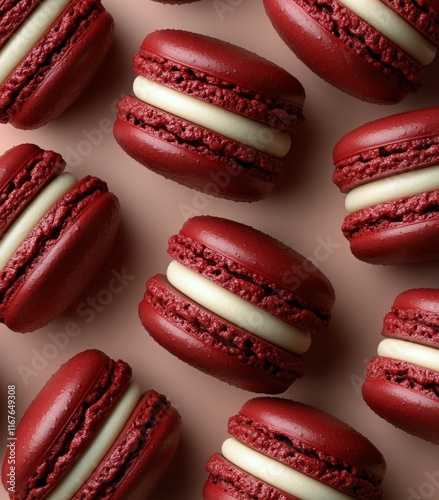 Delicious red velvet macarons arranged on a light background with delicate te...