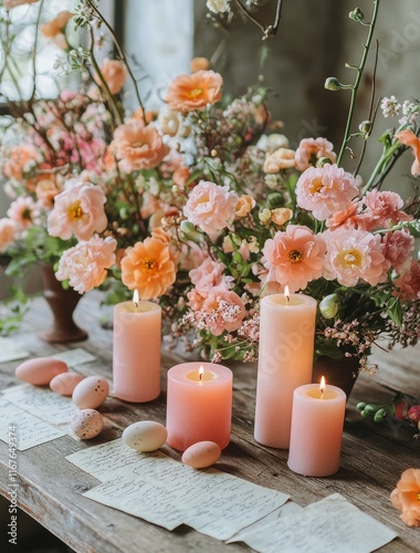 Elegant spring decoration with flowers, candles, and pastel eggs at a charmin...