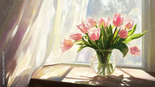 Vibrant bouquet of tulips in a glass vase near a sunny window