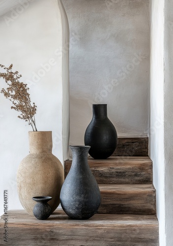 Decorative ceramic vases arranged on rustic wooden stairs in a minimalist int...