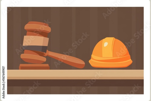 Images display a gavel and a construction helmet positioned on a wooden shelf, representing legal and construction themes in a minimalist style photo