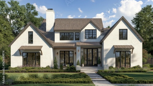 Modern white house surrounded by autumn foliage in a serene neighborhood setting