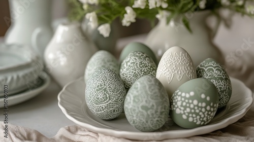 Elegant decorated eggs on a white plate with floral accents in a light and ai...
