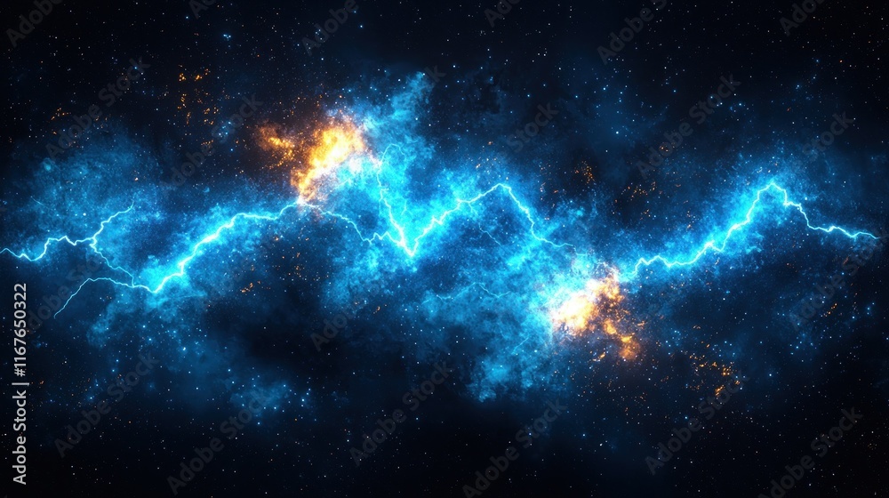 Fototapeta premium Blue electric current flowing in starry space, energy discharge.
