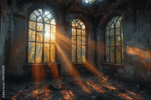 Sunlight streaming through windows in an abandoned industrial building at dusk