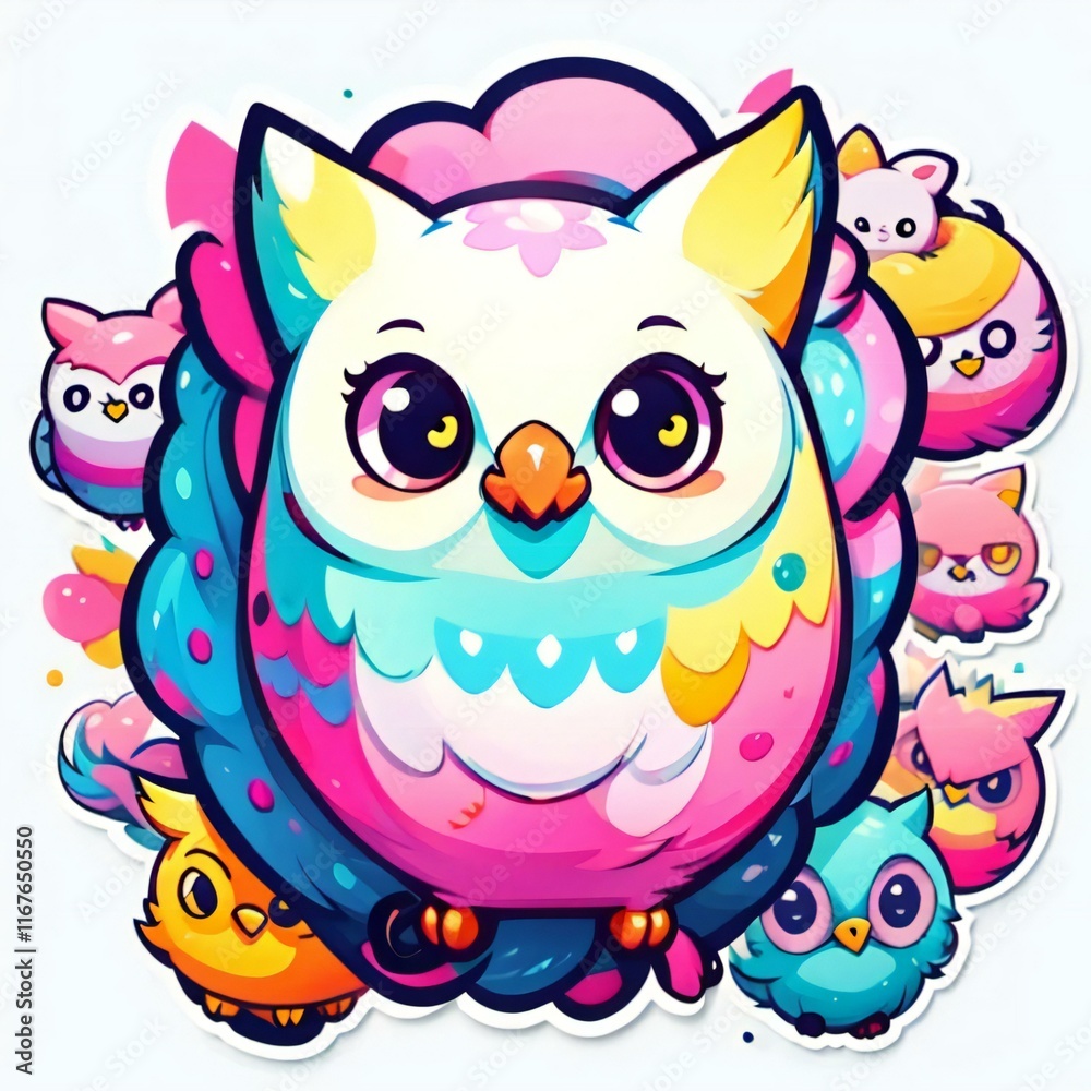 Fototapeta premium Colorful cartoon illustration of a cute owl surrounded by smaller owls with vibrant hues and playful expressions.