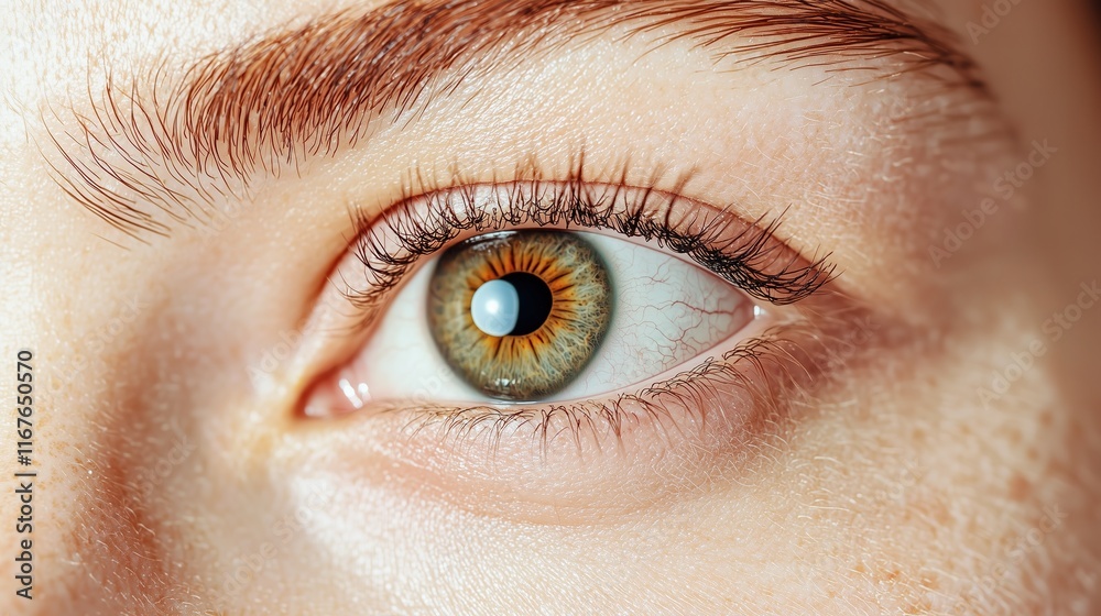 Fototapeta premium Close-up of a hazel eye of a young Caucasian woman, showcasing the intricate details of the iris, eyelashes, and surrounding skin.