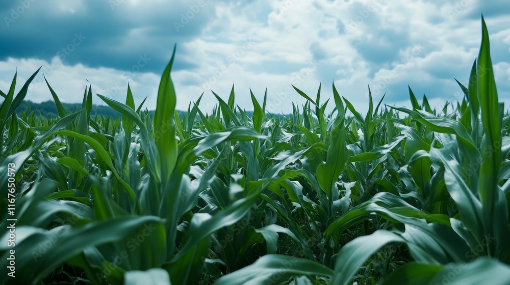 Obraz premium Organic Farmland with Overcast Sky and Green Crops