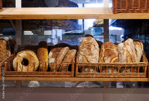 Breads on racks in bakery
