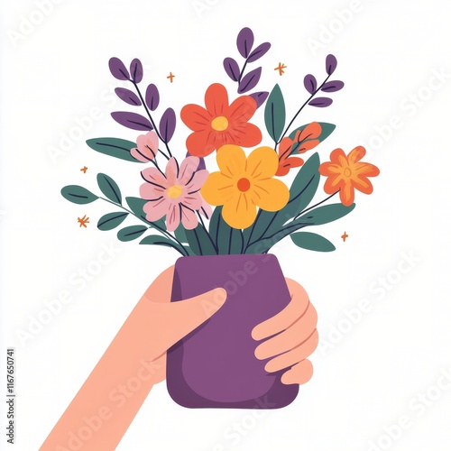 Hand holding a colorful flower pot with various blooms in a vibrant display o...