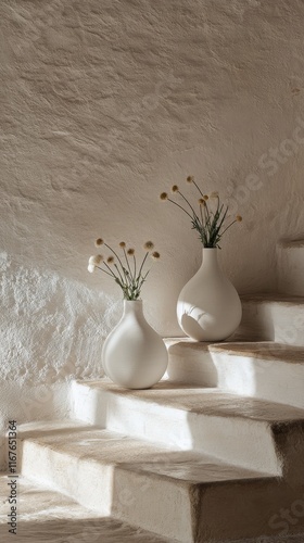 Elegant vases with dried flowers placed on wooden staircase in sunlit interior