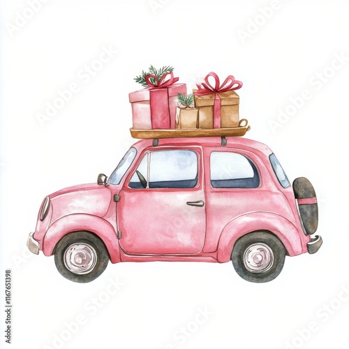 Cute pink car with gifts on top perfect for celebrations and festive occasions