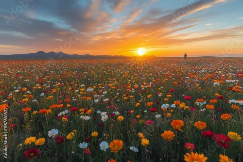 Beauty of a vibrant flower field at sunset with colorful blossoms and dramati...