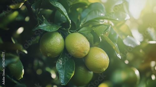 Fresh limes growing on a tree in a sunlit orchard during late afternoon hours
