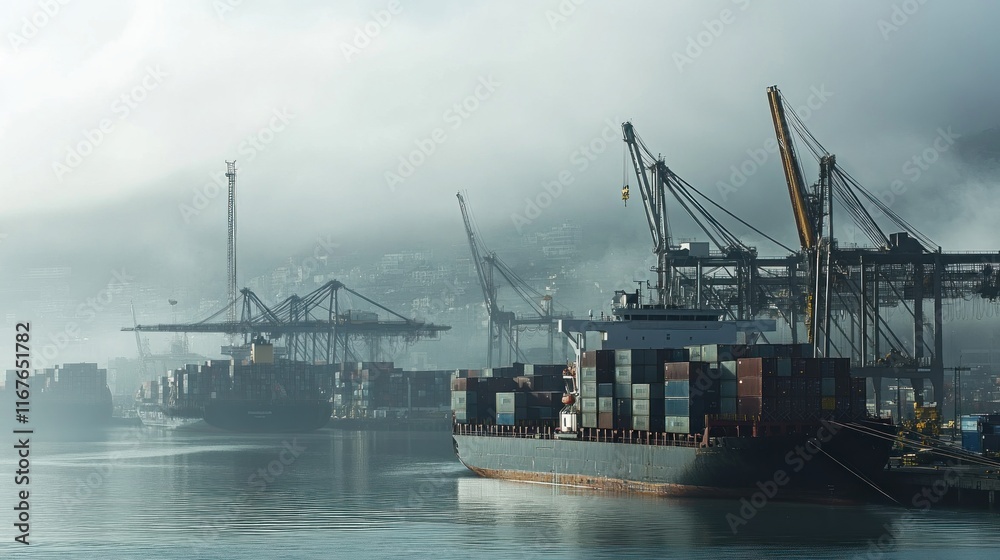 Cargo ship at foggy port with cranes. Cargo ship at foggy port with cranes.