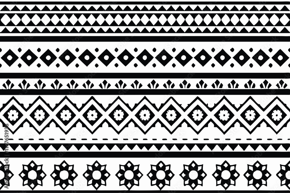 Seamless black and white Tribal geometric pattern vector ethnic decorative design, hand drawn border Seamless black and white Tribal geometric pattern vector ethnic decorative design, hand drawn border