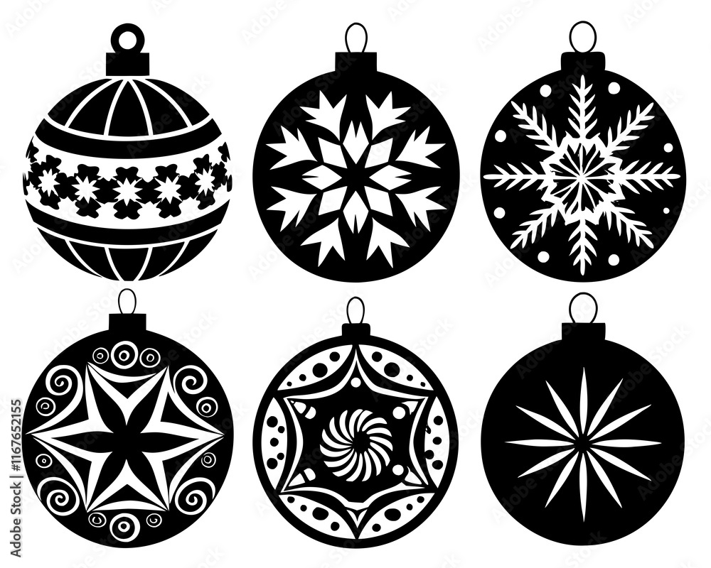Set of black and white christmas ornament vector illustrations festive holiday designs, Collection of Christmas ball silhouette Set of black and white christmas ornament vector illustrations festive holiday designs, Collection of Christmas ball silhouette